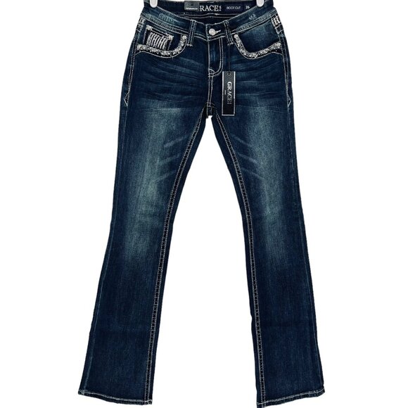 NWT Grace in LA Women's Blue Denim Jeans 26 Boot Cut Studded Sequins Embroidered - Picture 1 of 16